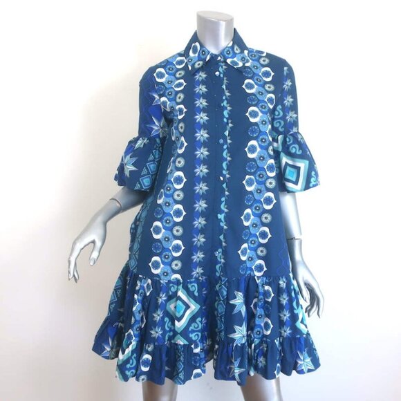 La DoubleJ Choux Ruffled Mini Shirtdress Blue Printed Cotton Size Extra Small - Picture 1 of 7